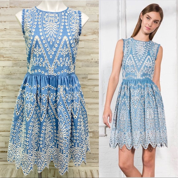 Shoshanna Dresses & Skirts - Shoshanna Mollina Chambray Eyelet Fit & Flare Embroidered Dress with Pockets 10